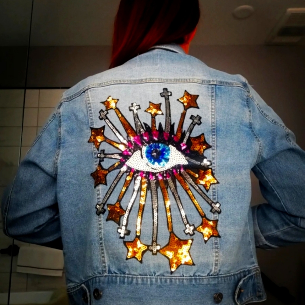 Reworked Light Blue Denim Jacket with Sequin Patch